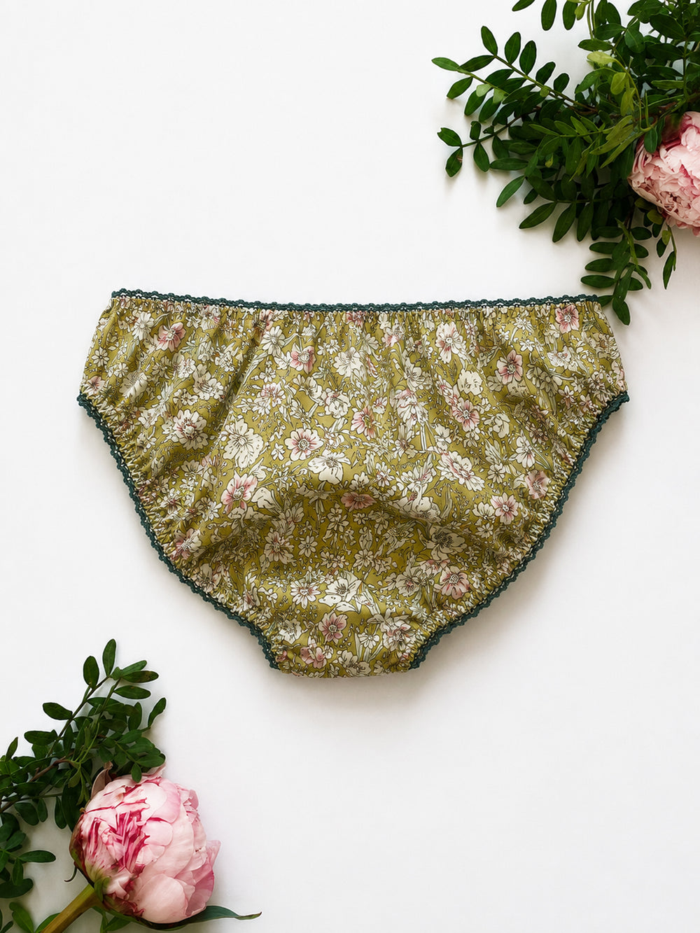 Sage Green Country Garden Cotton Knicker – fresh botanical wildflower print on soft cotton, handmade in our Brighton studio