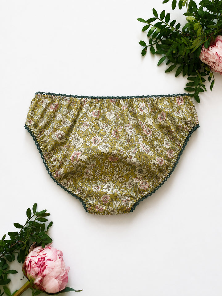 Sage Green Country Garden Cotton Knicker – fresh botanical wildflower print on soft cotton, handmade in our Brighton studio