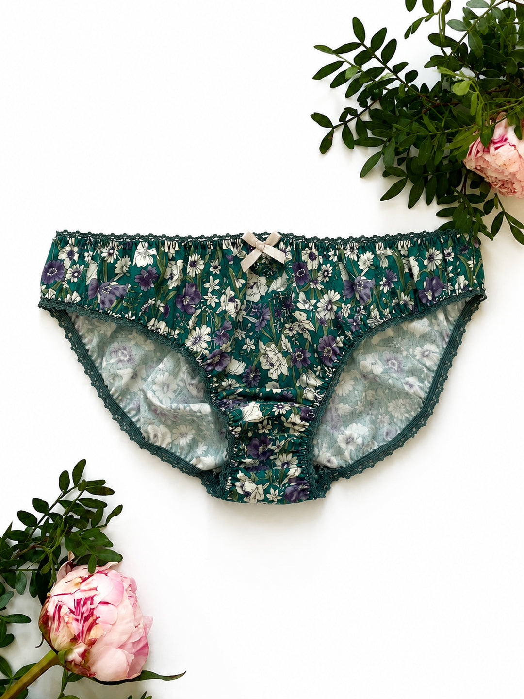 Country Garden Cotton Knicker in Teal – OEKO-TEX® certified floral cotton knicker, handmade in Brighton by Ayten Gasson