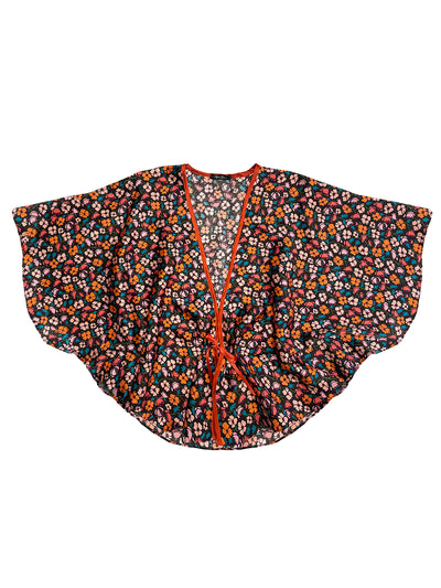 Floral patterned Edie Lane Liberty Silk Bed Jacket with orange trim on a white background