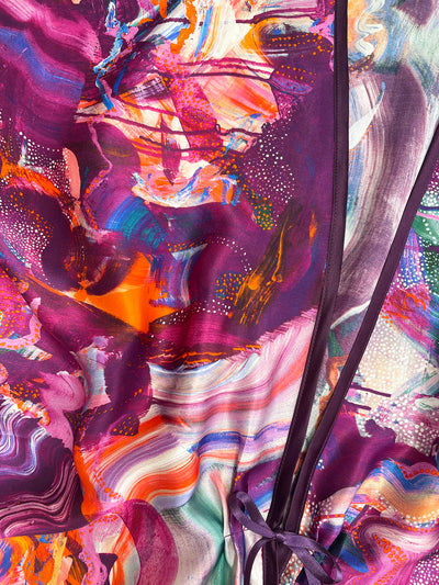 Emma Liberty Silk Bed Jacket Abstract art with vibrant colours and dynamic brush strokes fabric