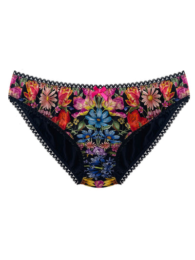 Floral Muse Liberty Silk Knicker. Floral-patterned underwear with black lace trim on a white background