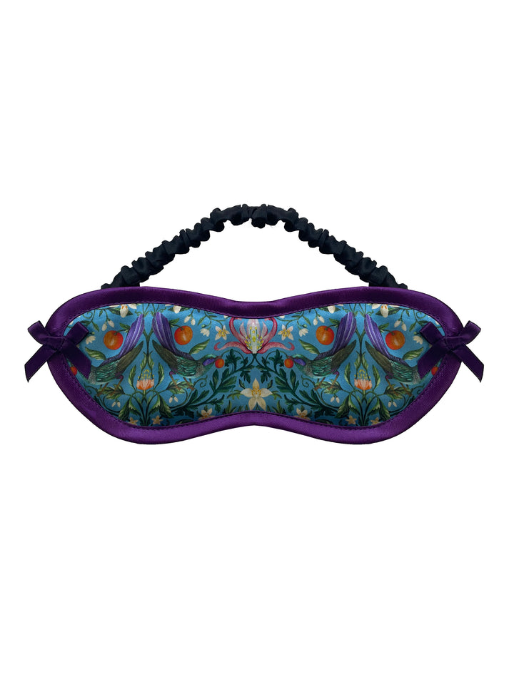 Forbidden Orchid Liberty London silk eye mask with blue floral print - handmade luxury sleep mask by Ayten Gasson