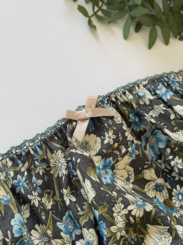 Close up Country Garden Cotton Knicker in Grey – OEKO-TEX® certified floral cotton knicker, handmade in Brighton by Ayten Gasson