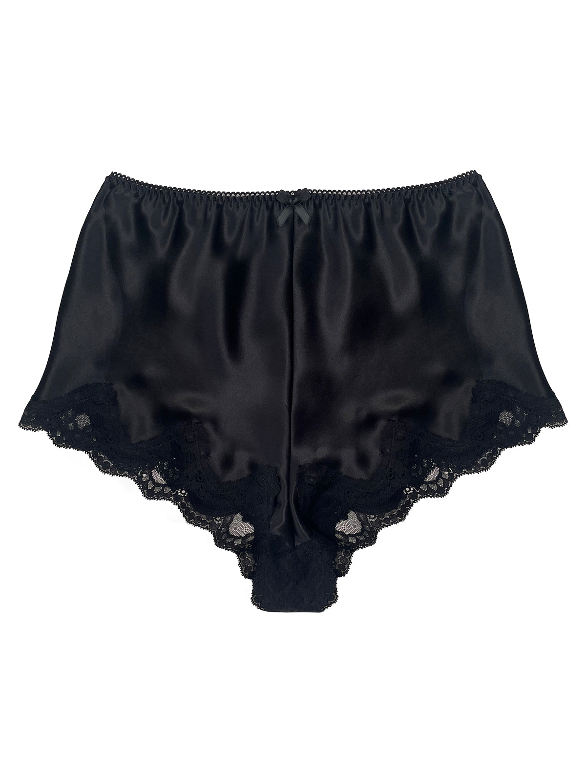 Harper Black Silk High Waisted Knicker with lace details on a white background