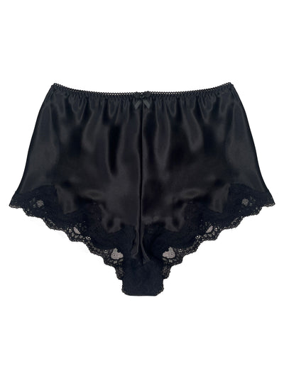 Harper Black Silk High Waisted Knicker with lace details on a white background