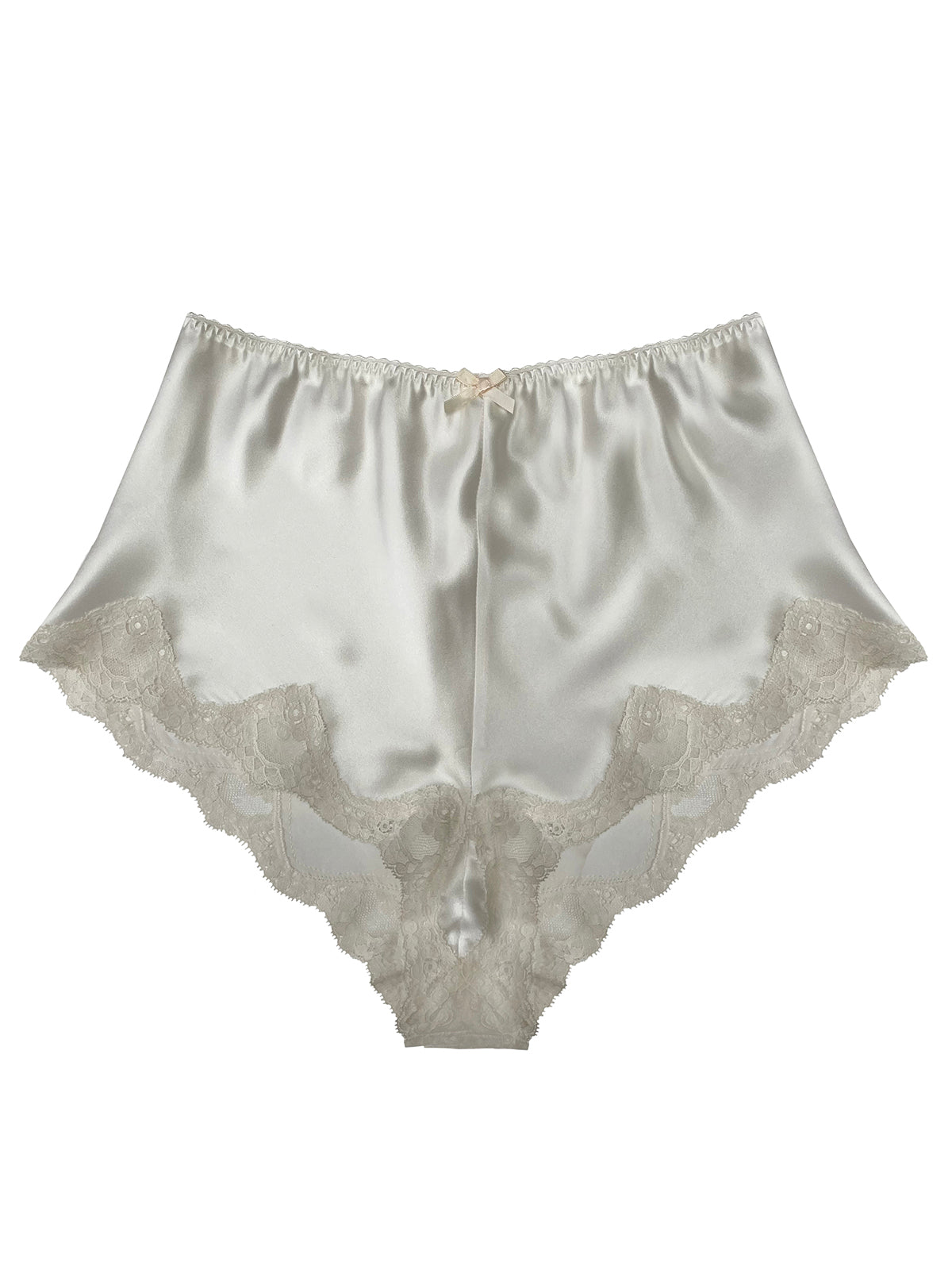 Harper Ivory Silk High Waisted KnickerSilky satin underwear with lace trim on a white background