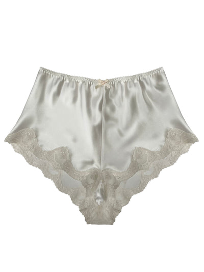 Harper Ivory Silk High Waisted KnickerSilky satin underwear with lace trim on a white background
