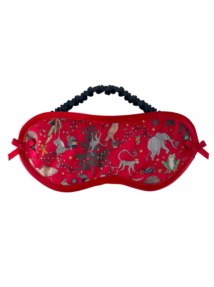 Joy Liberty London cotton eye mask with festive red print - handmade luxury sleep mask by Ayten Gasson
