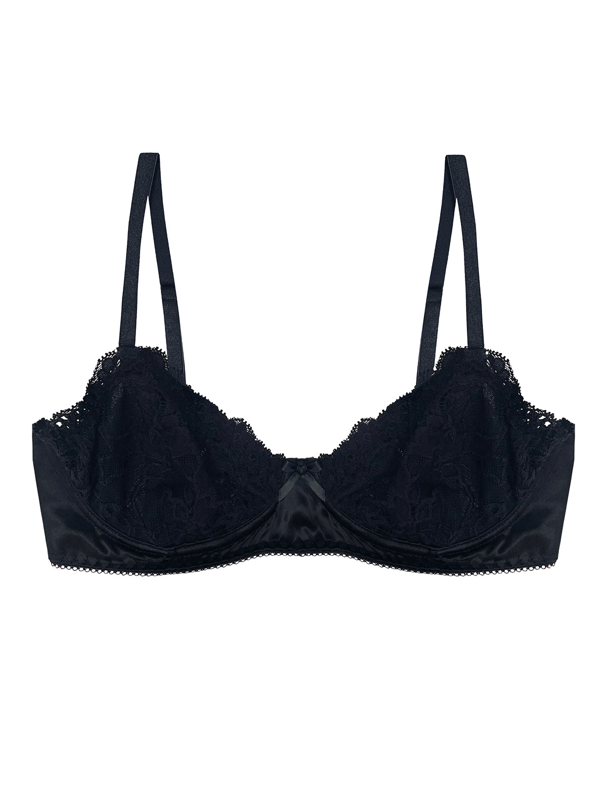 Luna Black Silk & Lace Balcony Bra by Ayten Gasson with lace details on a white background