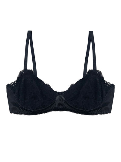 Luna Black Silk & Lace Balcony Bra by Ayten Gasson with lace details on a white background