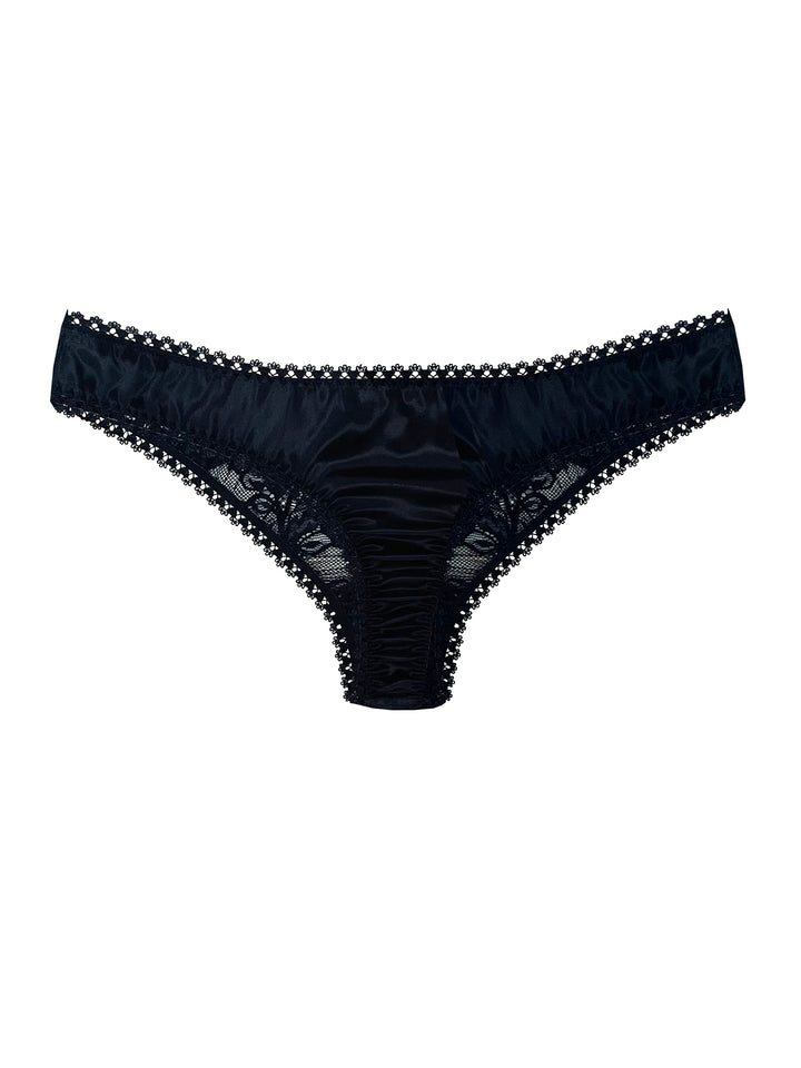 Luna black silk thong back view on white background - handmade luxury lingerie Brighton