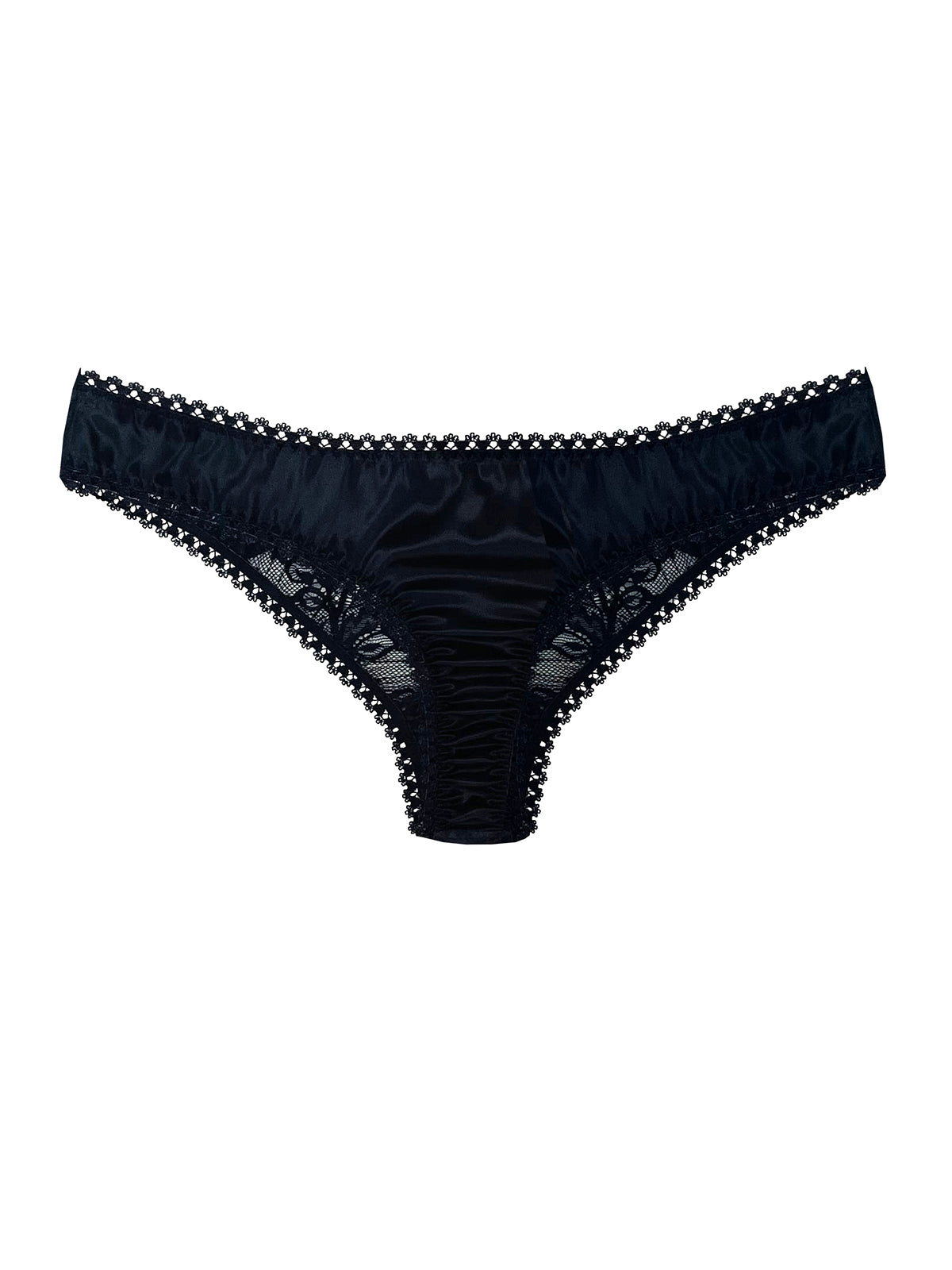 Luna Black Silk & Lace Thong on a white background