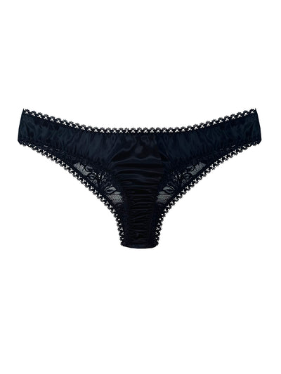 Luna Black Silk & Lace Thong on a white background