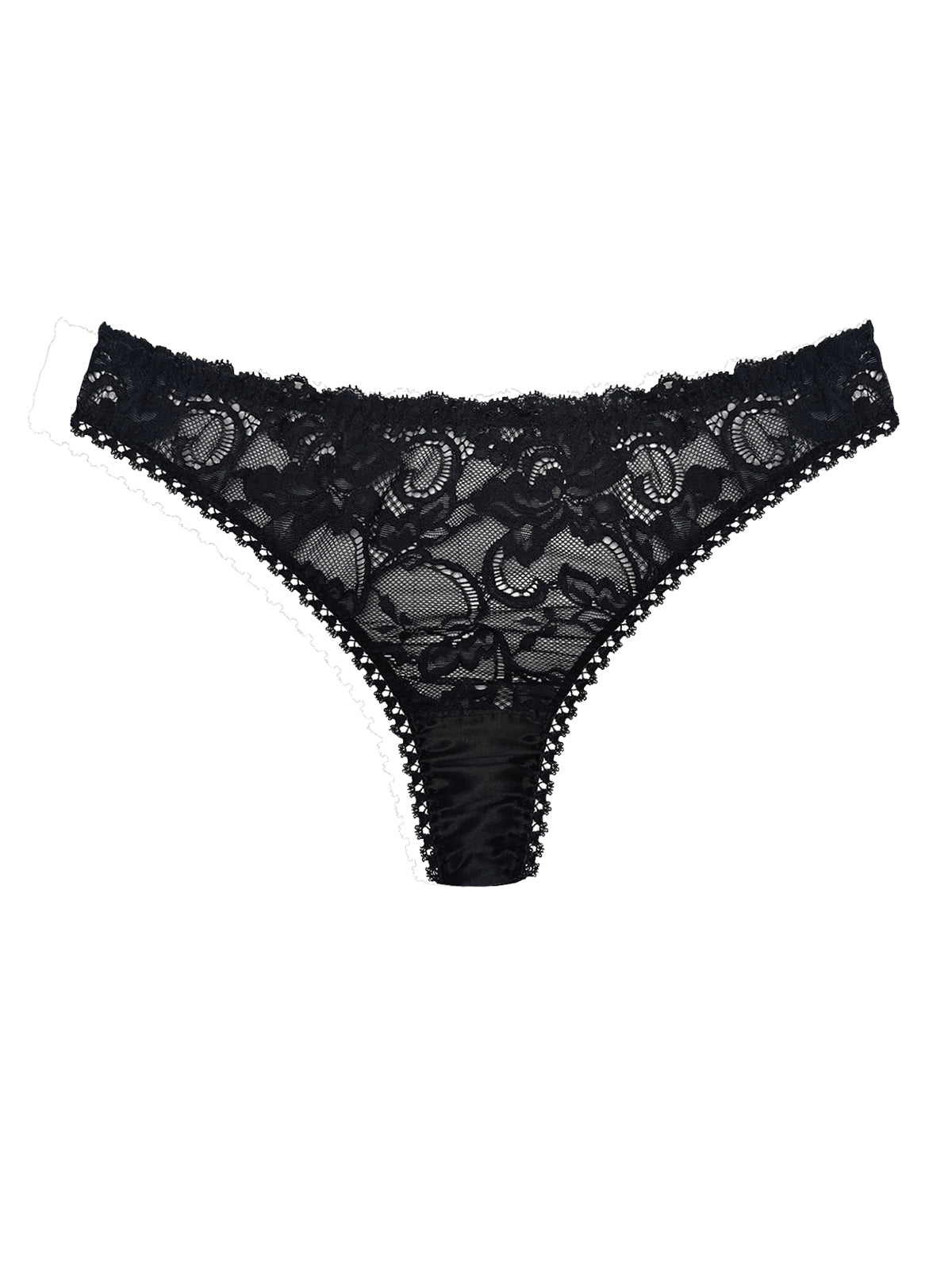 Luna Black Silk & Lace Thong on a white background