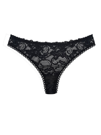 Luna Black Silk & Lace Thong on a white background