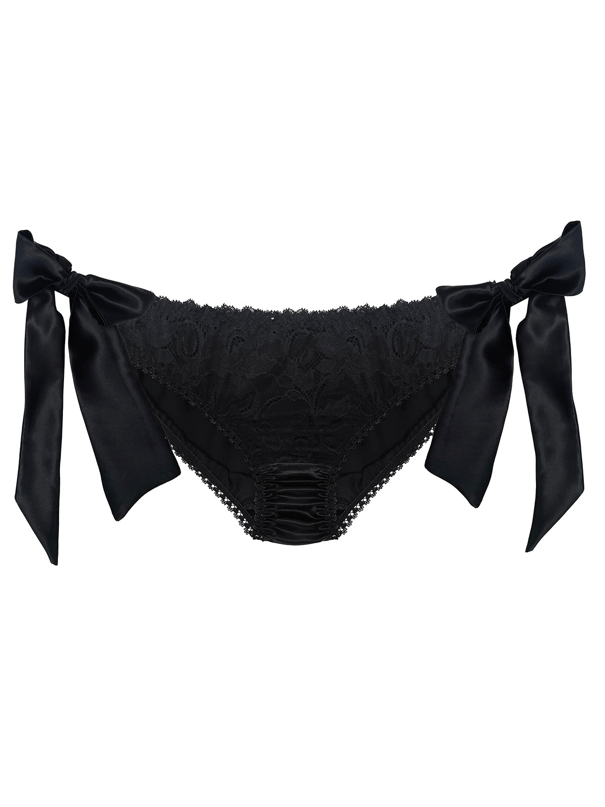 Black Luna Black Silk Side Tie Knicker lace lingerie with satin bows on a white background