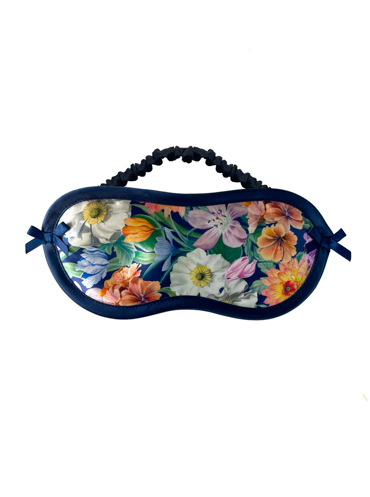 Melody Bloom navy Liberty London silk eye mask - luxury sleep mask with floral print handmade in UK