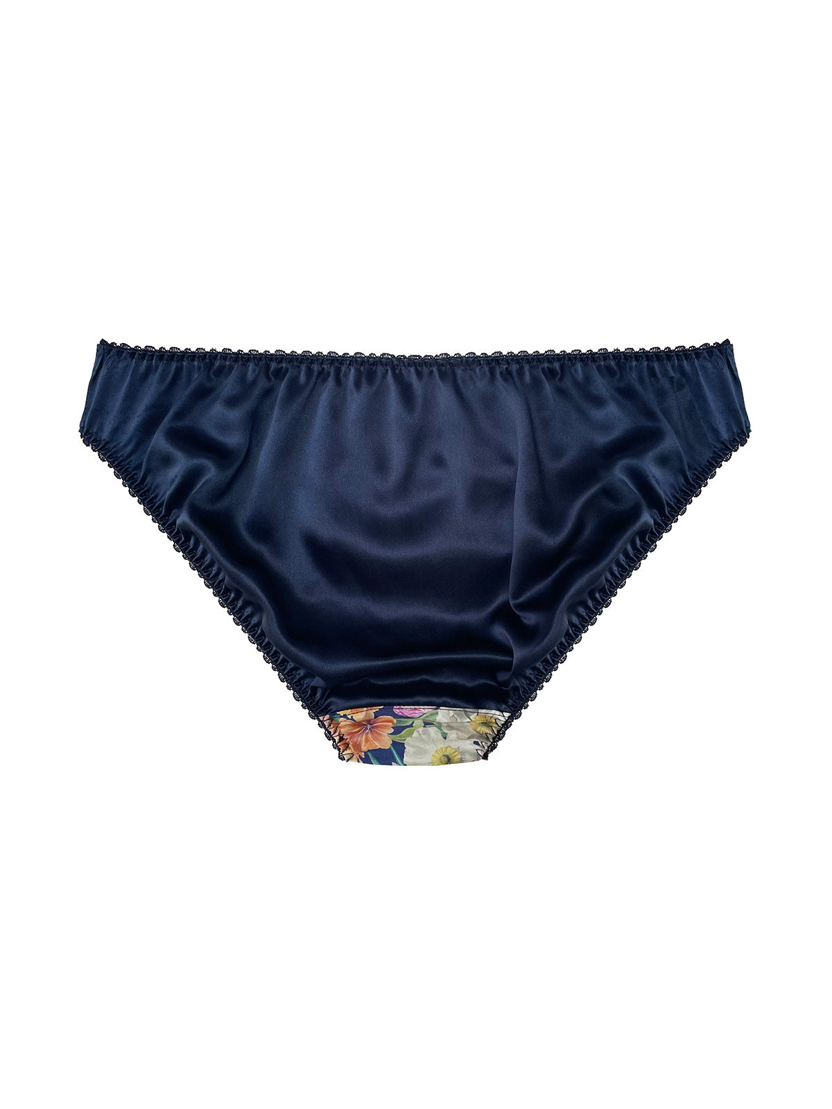 Navy blue Melody Bloom Liberty Silk Knicker with a floral pattern on a white background