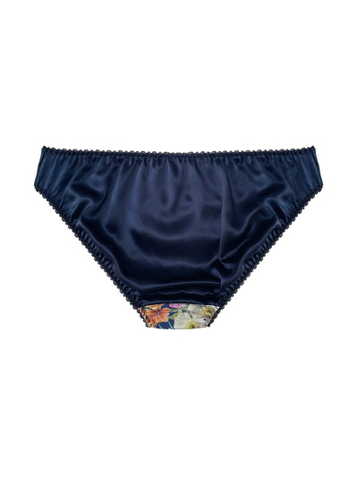 Navy blue Melody Bloom Liberty Silk Knicker with a floral pattern on a white background
