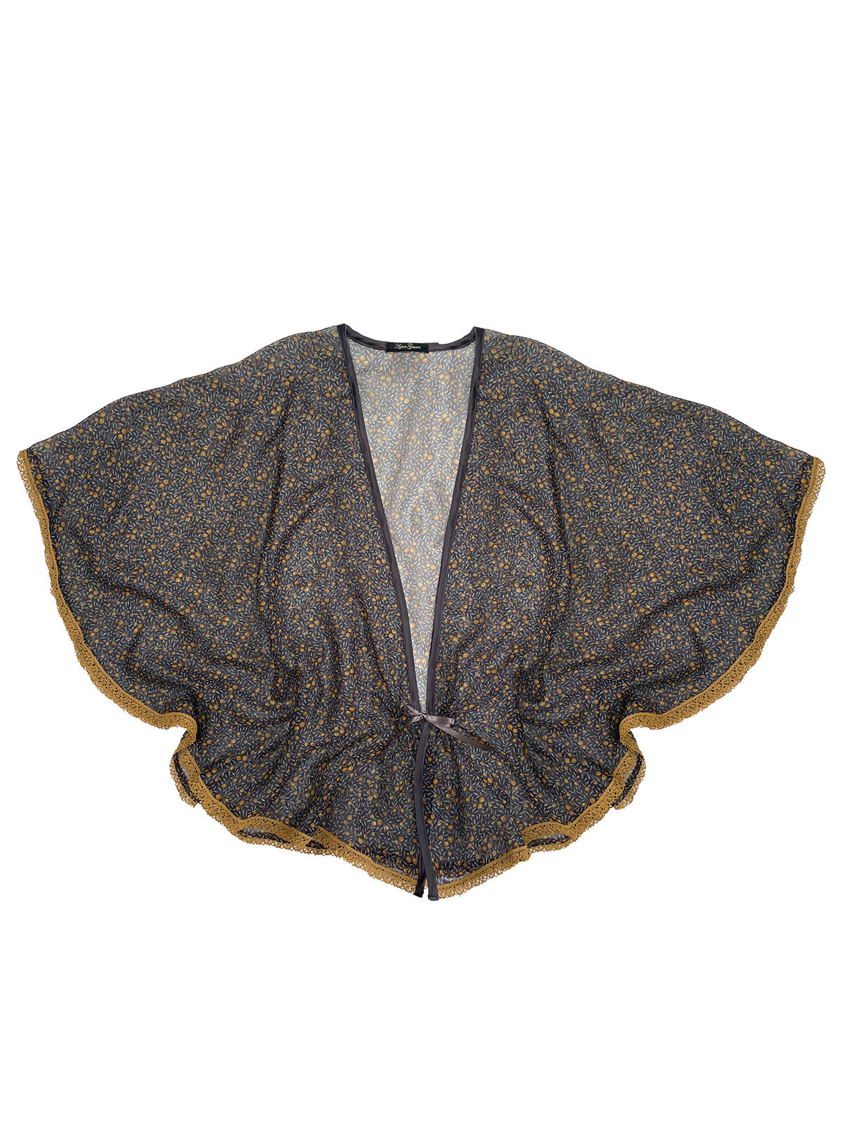 Dark grey Myrtle Chiffon Liberty Silk Bed Jacket with gold trim on a white background