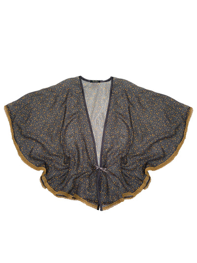 Dark grey Myrtle Chiffon Liberty Silk Bed Jacket with gold trim on a white background