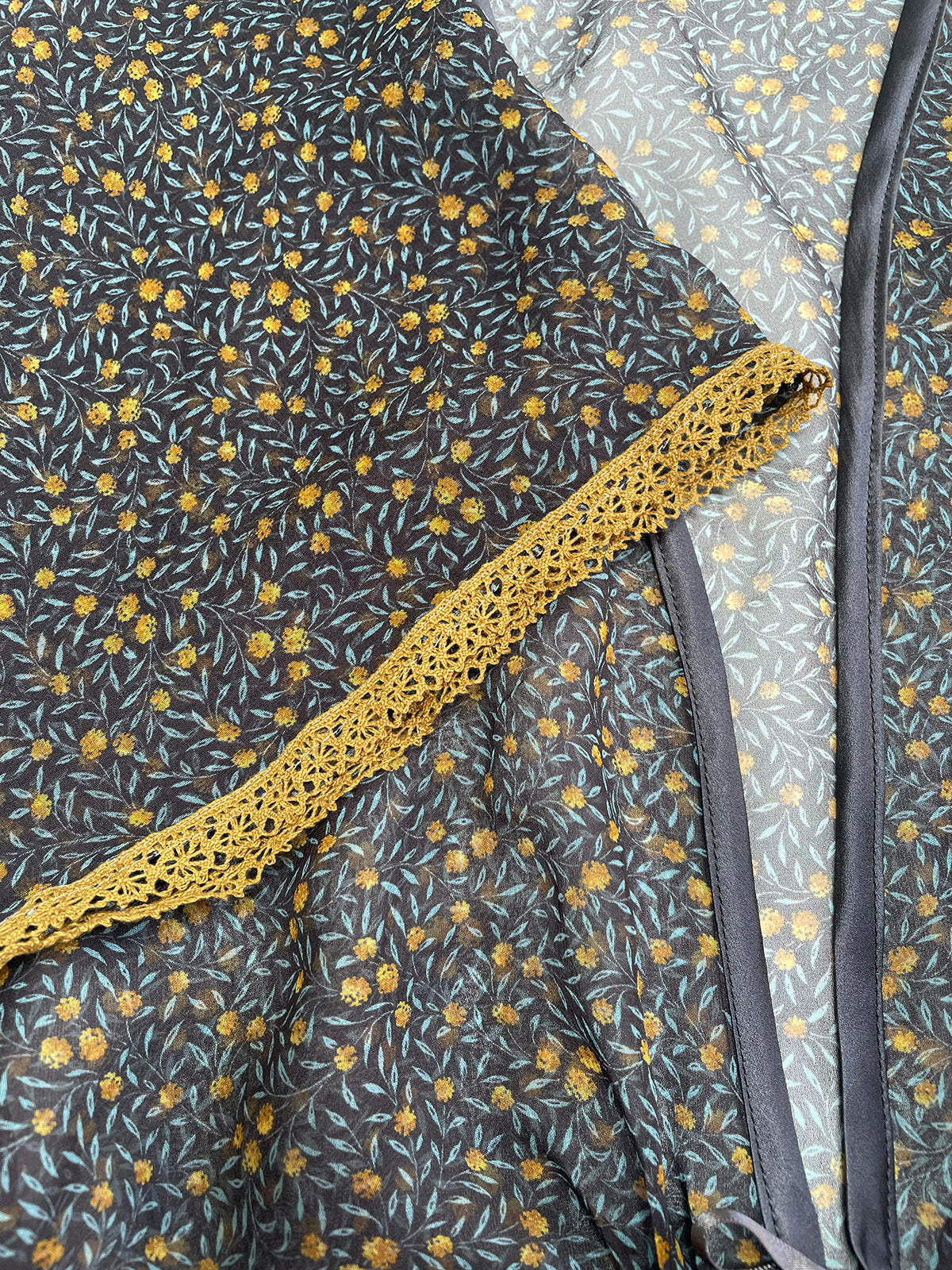 Close-up of the Myrtle Chiffon Liberty Silk Bed Jacket by Ayten Gasson