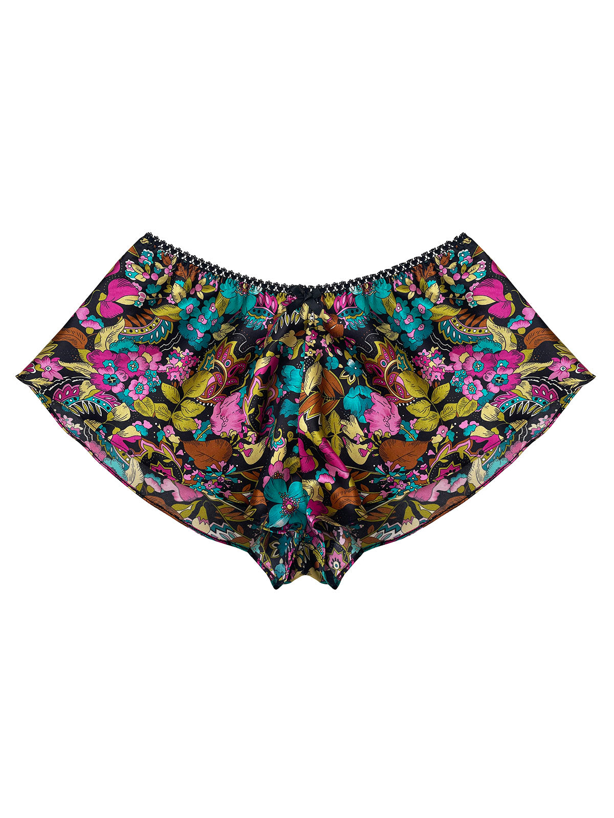 Colourful floral patterned silk handmade shorts on a white background