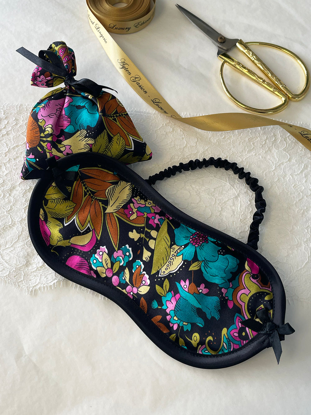 Neon Bloom Liberty silk eye mask and lavender bag gift set - luxury sleep accessories by Ayten Gasson