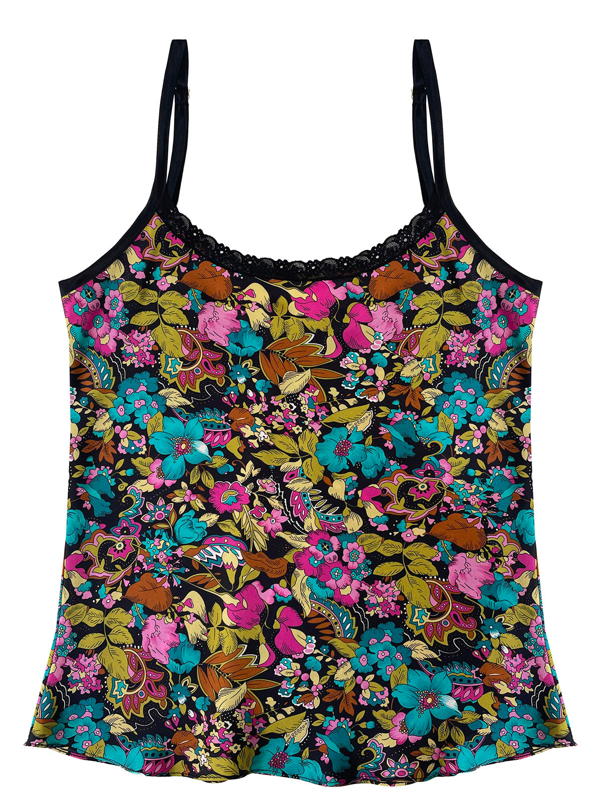 Floral patterned camisole with black straps on a white background