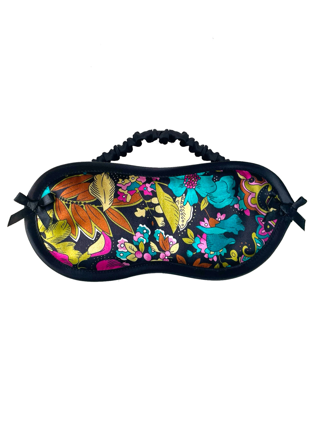 Neon Bloom Liberty London silk eye mask with vibrant floral print - handmade luxury sleep mask by Ayten Gasson