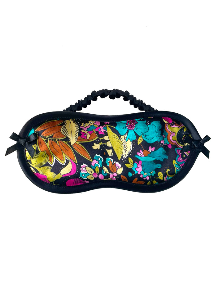 Neon Bloom Liberty London silk eye mask with vibrant floral print - handmade luxury sleep mask by Ayten Gasson