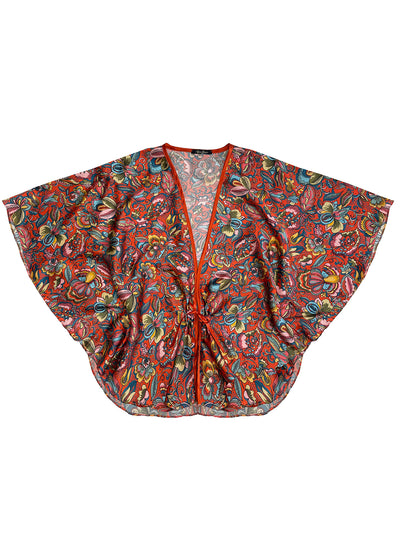 Colourful Passion Flower Liberty London silk bed jacket on a white background
