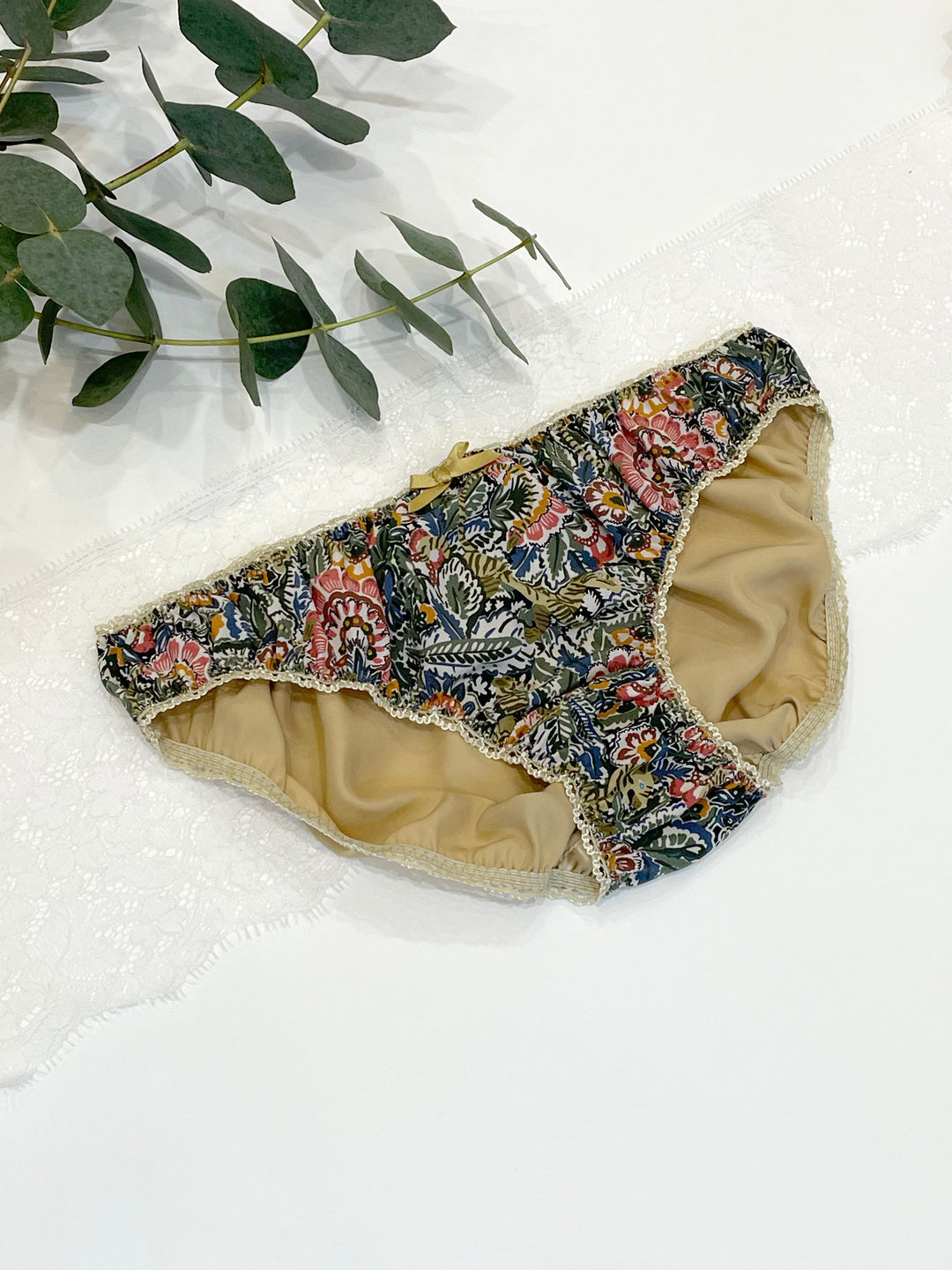 Prince Milo Liberty silk knicker on white background - handmade luxury lingerie Brighton