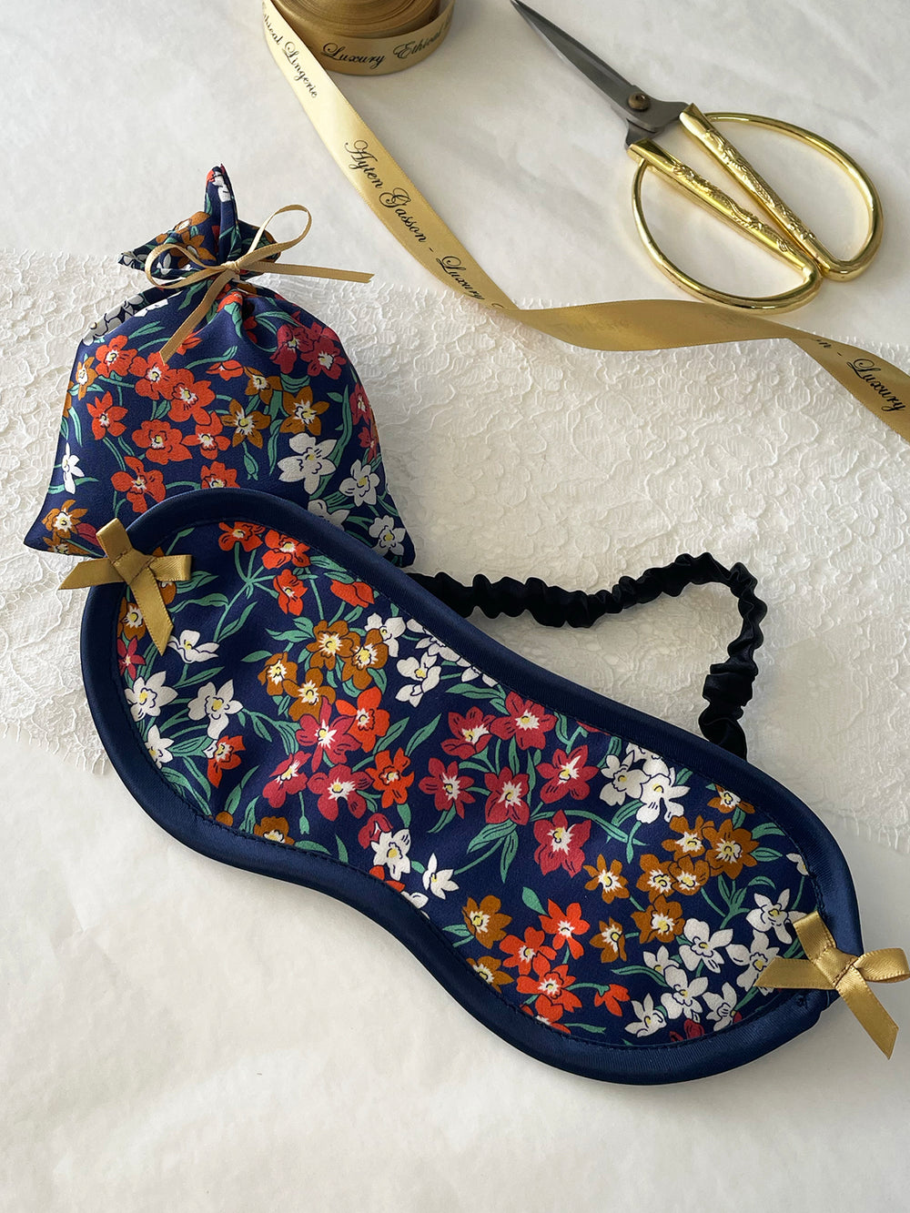 Sea Blossom Liberty silk eye mask and lavender bag gift set - luxury sleep accessories by Ayten Gasson
