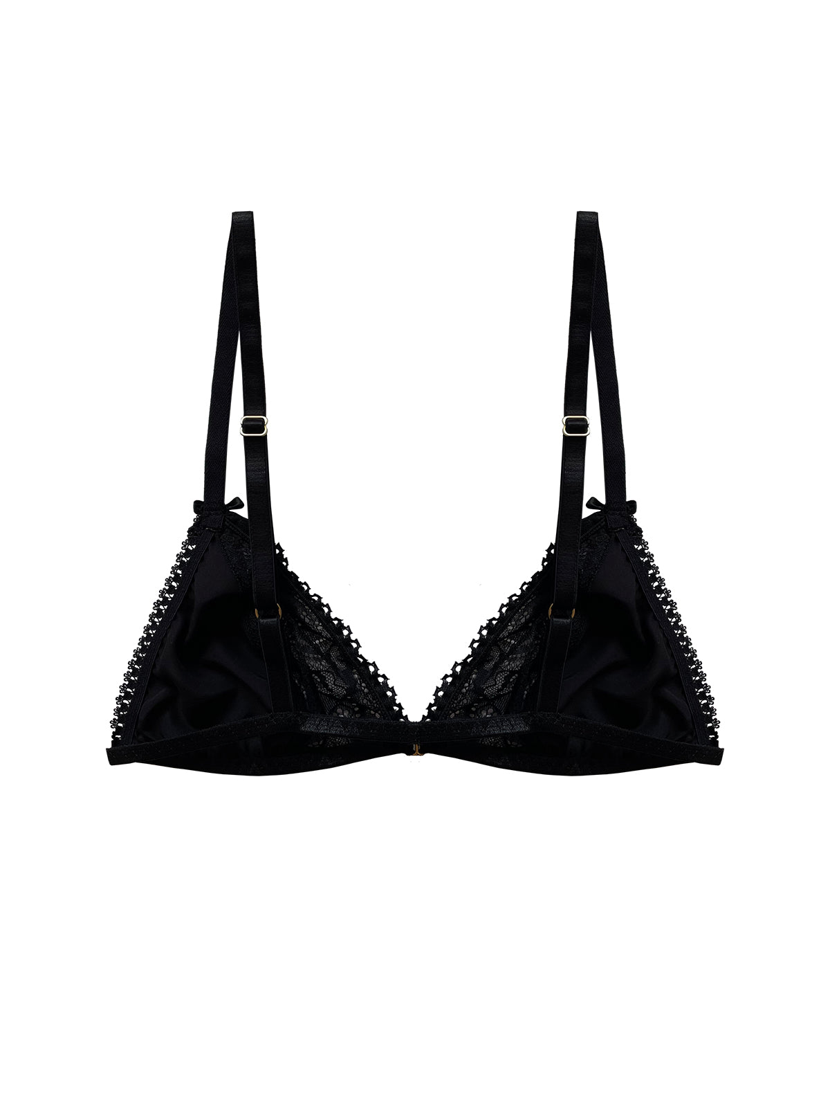 Elegant black triangle bra with Oeko-Tex lace and gold accents, including a swan hook closure