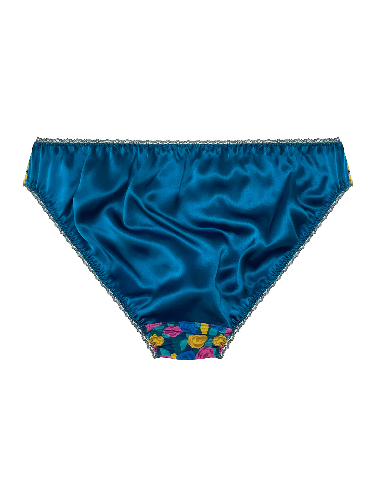 Blue Stone Rose Liberty Silk Knicker with colourful floral lace trim on a white background