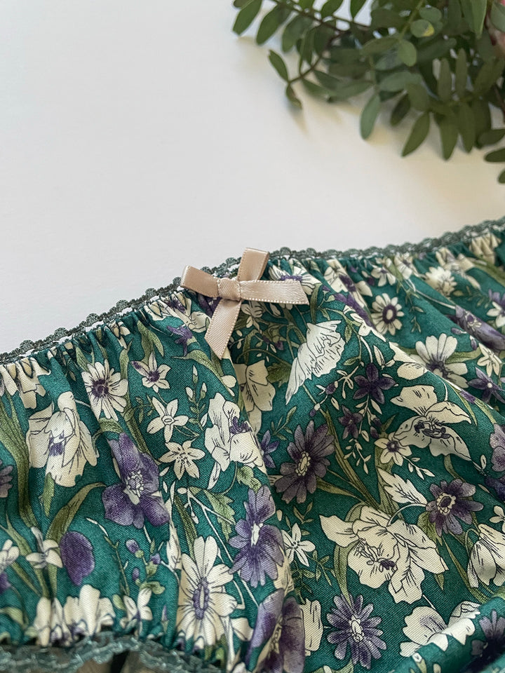 Close up Country Garden Cotton Knicker in Teal – OEKO-TEX® certified floral cotton knicker, handmade in Brighton by Ayten Gasson
