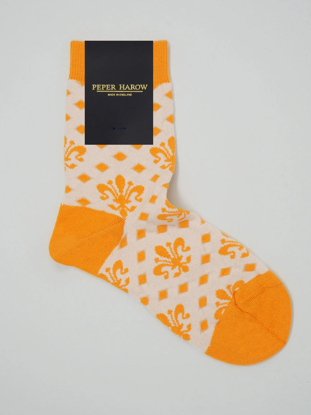 Peper Harow fleur de lis cream socks packaging - luxury women's hosiery by Ayten Gasson