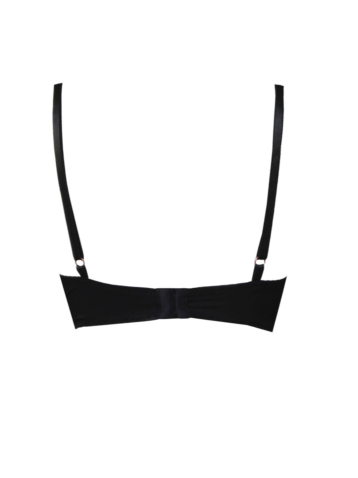 Ava black bamboo bralette back view showing hook-and-eye closure - sustainable handmade lingerie