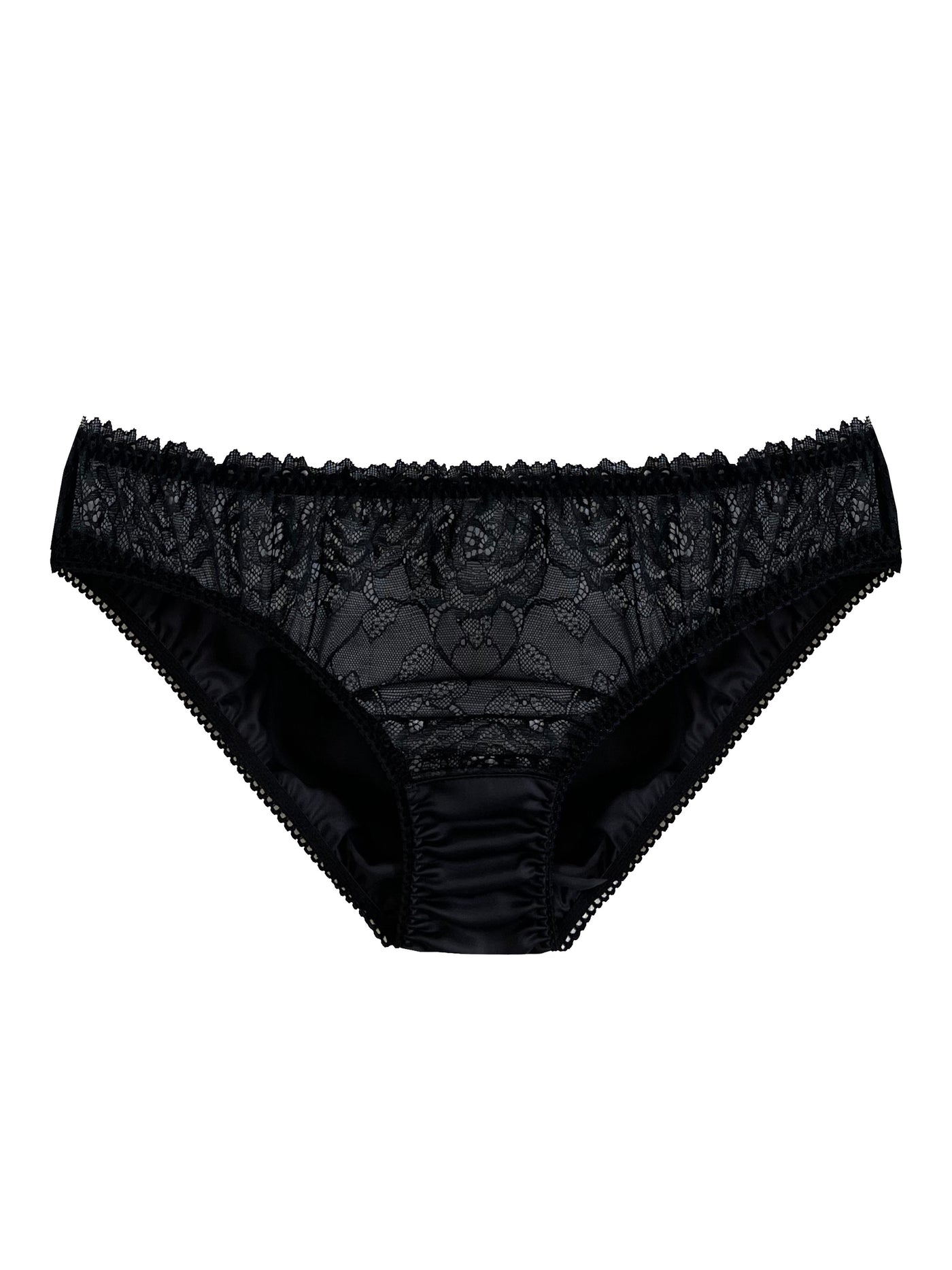 Sustainable black lace knicker featuring 100% organic bamboo silk, cruelty-free materials, and biodegradable properties