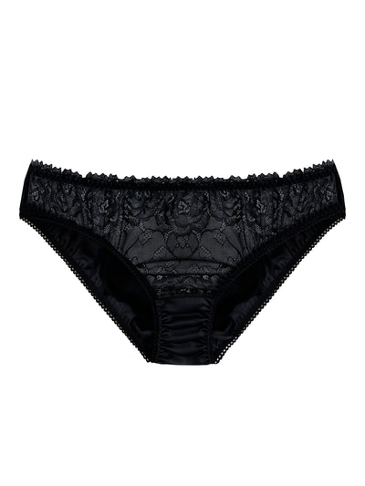 Sustainable black lace knicker featuring 100% organic bamboo silk, cruelty-free materials, and biodegradable properties