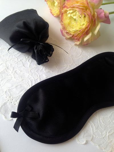 Nina Black Silk Eye Mask Set with cotton lace trim and lavender bag in luxury gift box