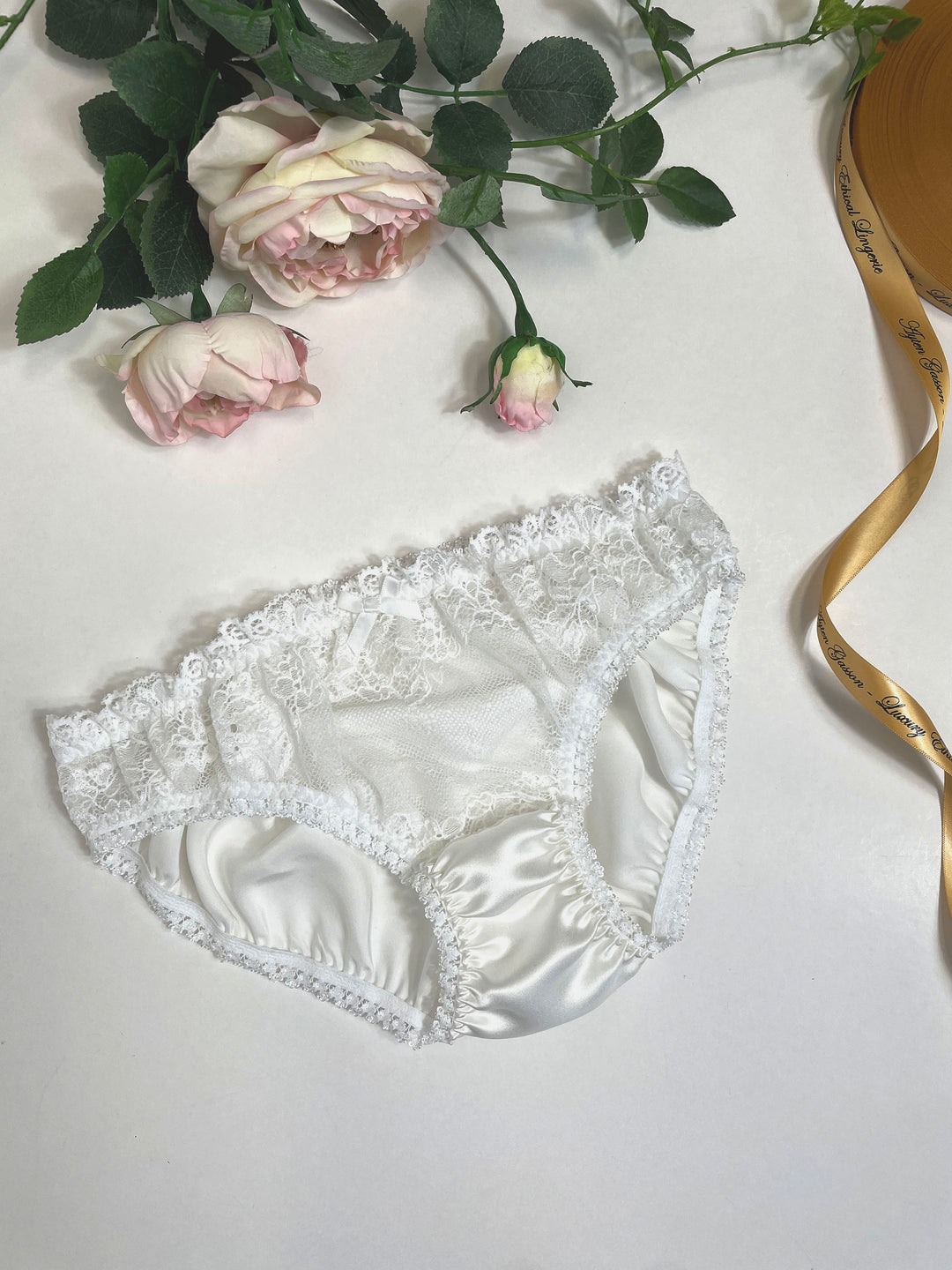 Clara white lace front knicker lifestyle - handmade luxury lingerie with floral lace detail