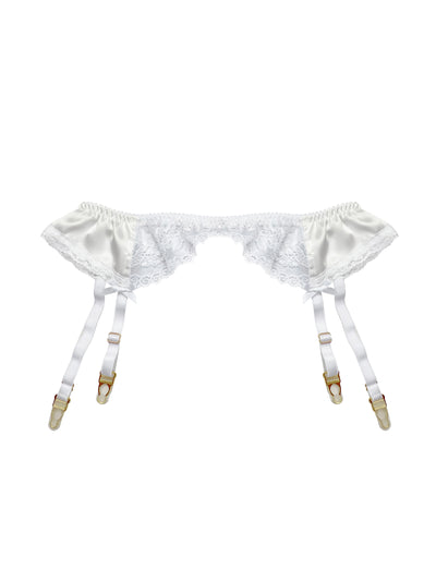 Luxury suspender belt made from Oeko-Tex certified materials, with a silk band and lace detailing, designed for comfort and sophistication