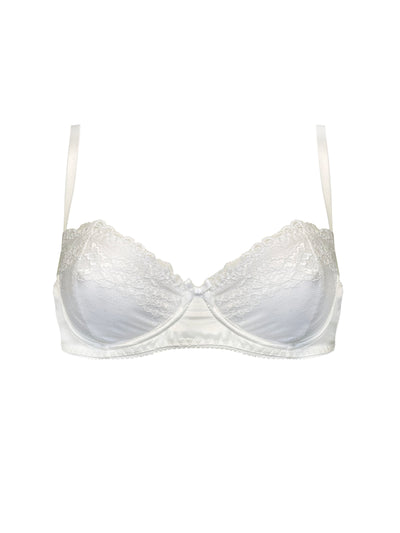 Sustainable white silk bra featuring Oeko-Tex certified lace cups, adjustable straps with gold rings, and hook-and-eye closure