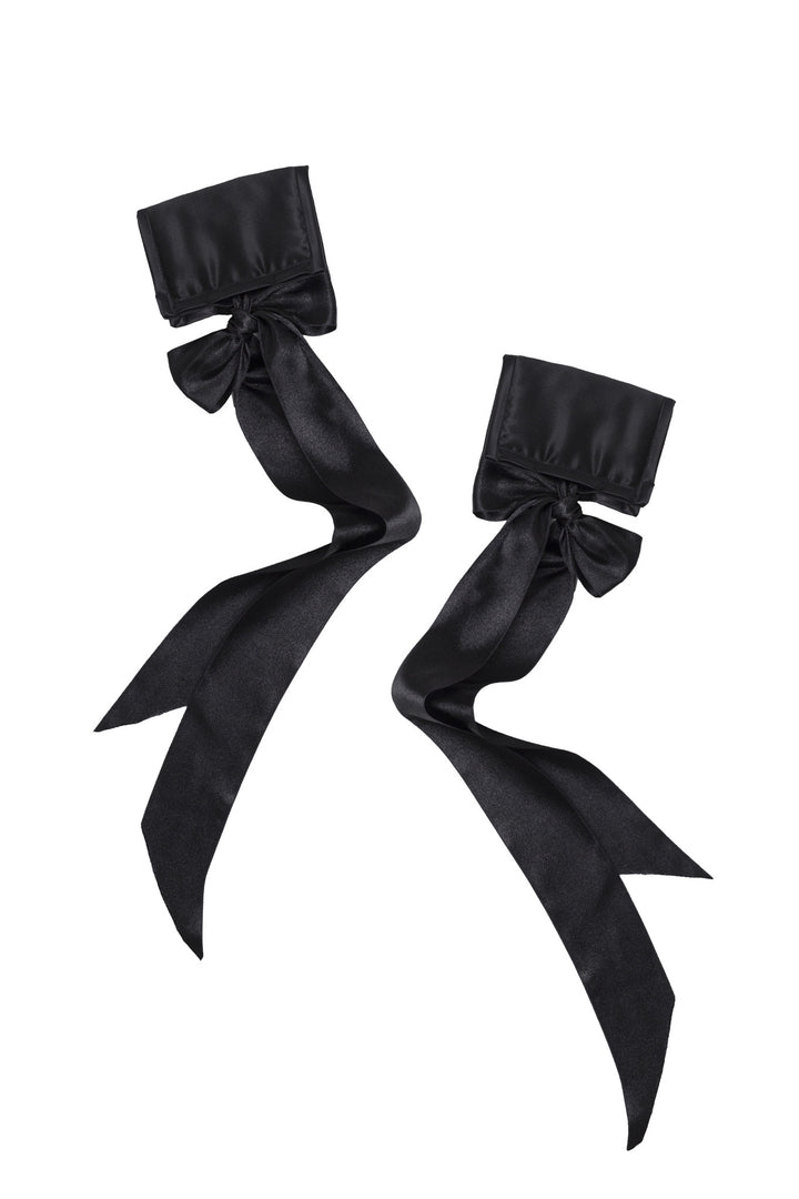 Nina black silk cuffs with satin ribbon ties - handmade luxury bedroom accessories by Ayten Gasson