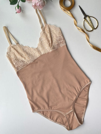 Lydia Taupe Recycled Cotton Jersey & Lace Bodysuit Lifestyle by Ayten Gasson