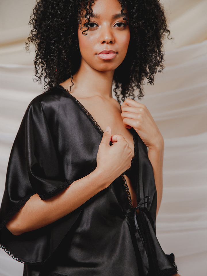 Nina Black French Lace &amp; Silk Bed Jacket by Ayten Gasson