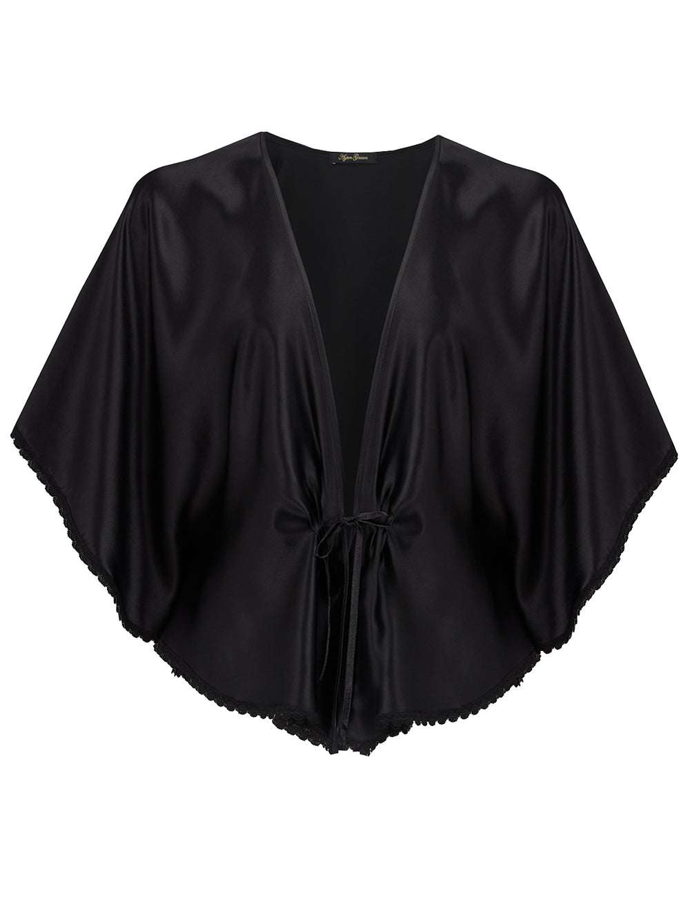 Handmade black silk bed jacket featuring English Cluny lace and pleated front detail - luxury loungewear